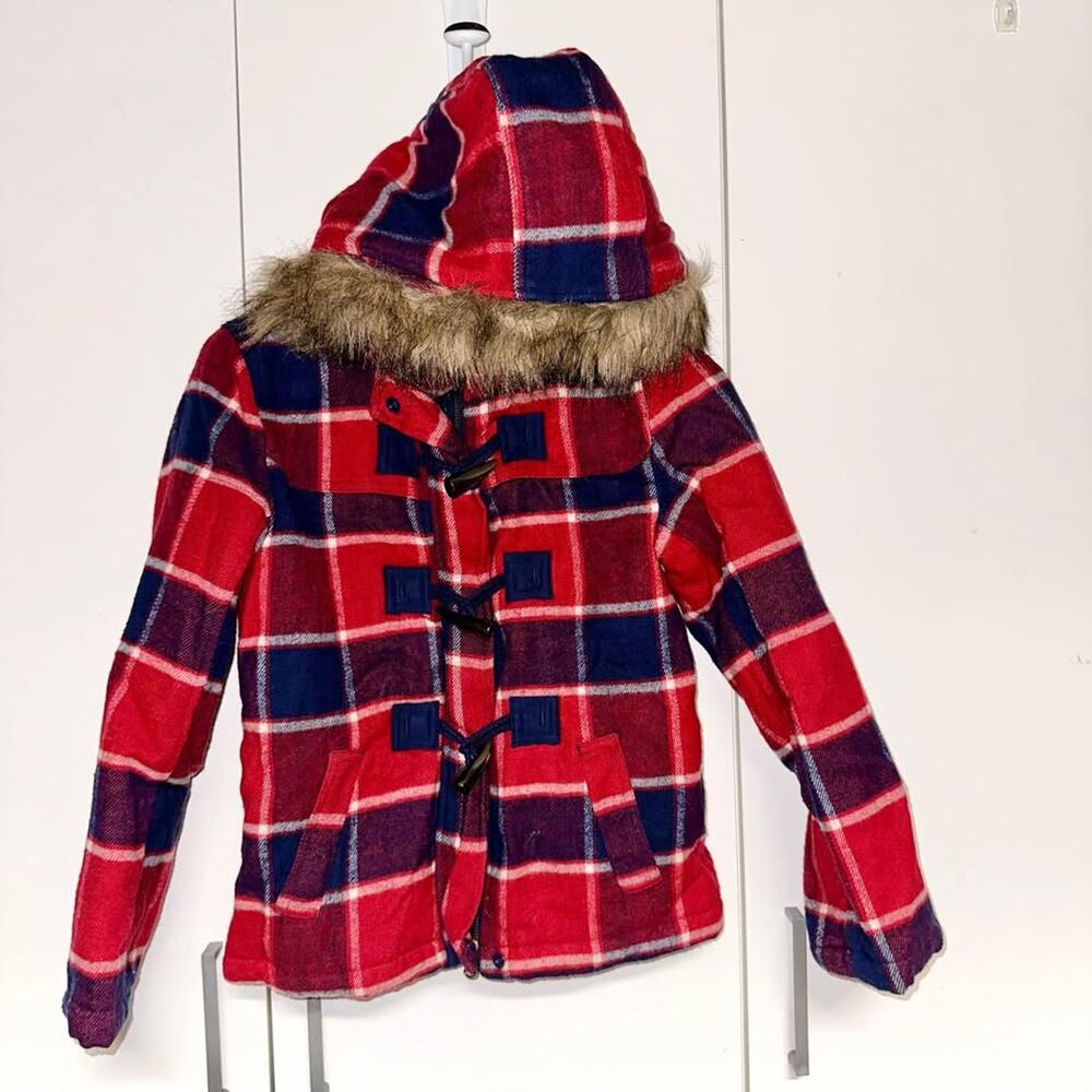 GIRLS Sz 10 Jacket Winter w Faux Fur Hood JUSTICE Peacoat Red/Navy Blue